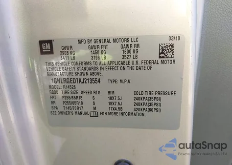 2010 Chevrolet Traverse Lt из США, поврежденный, VIN 1GNLRGED7AJ213554